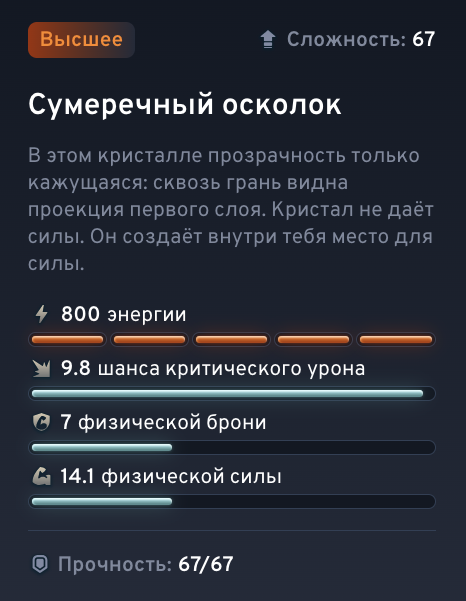 Характеристики артефакта